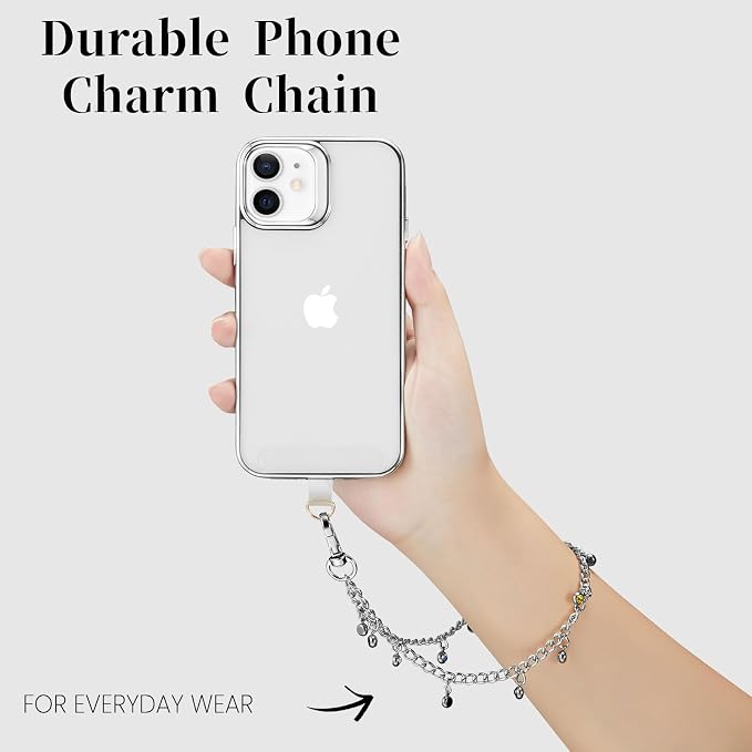 Phone Charm Wrist Strap Silver Metal Chain Detachable Lanyard Hand Wristlet Fashion Shine Finger Grip Anti-drop with 2 Tether Tab for Women Girls Universal for iPhone 16 Pro Max Colorful Gem - Image 4