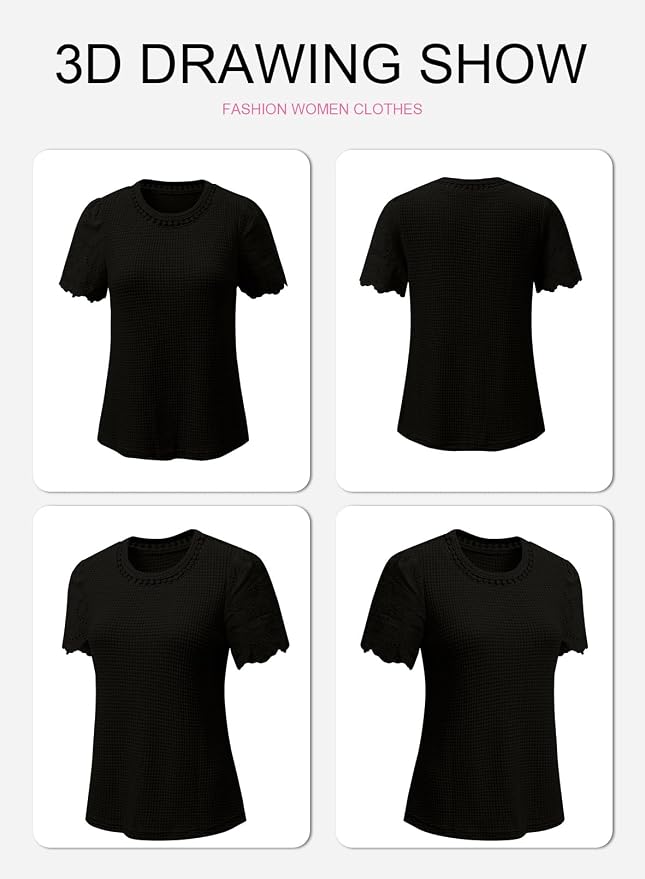 SHEWIN Womens Frenchy Summer Tops Crewneck Short Sleeve T Shirts Casual Waffle Knit Jacquard Blouses Top Shirts - Image 6