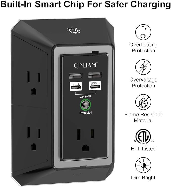 3-Sided Surge Protector Power Strip - QINLIANF Multi Plug Outlet with 5 Outlet Extender and 4 USB Ports(2 USB-C) and Night Light, USB Wall Charger for Home, Office, Travel, ETL Listed, Black - Image 2