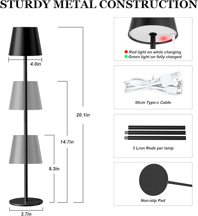 Kakanuo 20" Black Cordless Table Lamp Rechargeable - 2 Pack 5000mAH Battery Operated Lamp for Counter, 3 Color Stepless Dimming Wireless Lamp for Dining Table, Touch Control - Image 2
