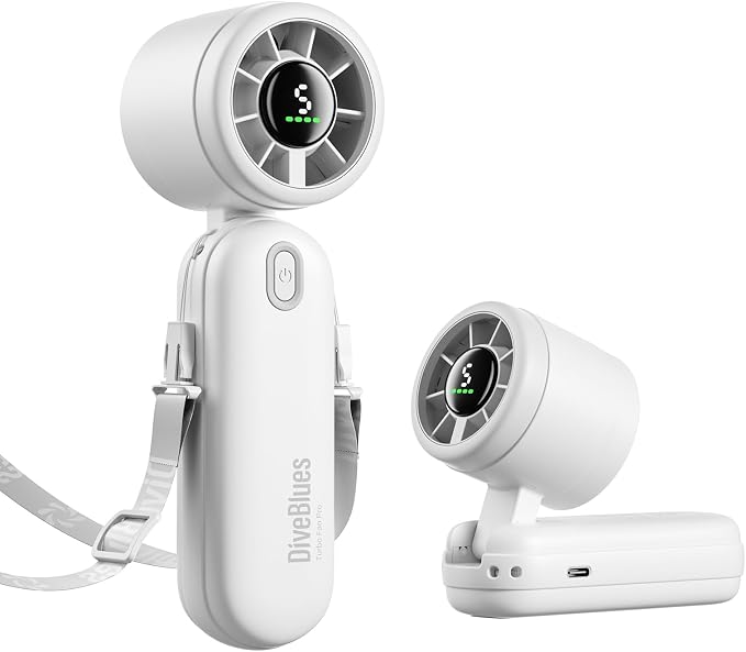 Diveblues Mini Handheld Fan, 30ft/s Portable Turbo Fan [12H Max Cooling], 4000mAh Personal Fan with LED Display, 3-in-1 Hand Held/Neck/Desk Fan for Travel, Cruise, Disney Essentials by Diveblues