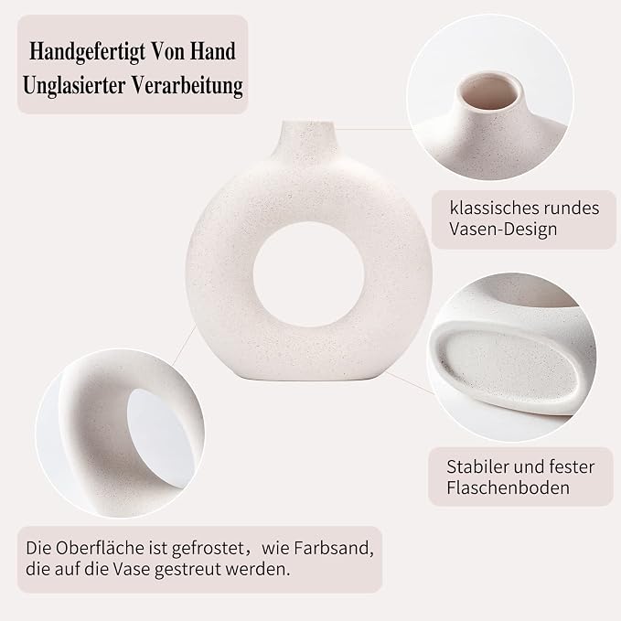 CEMABT White Donut Vase Hollow Ceramic Vase for Flowers Handmade Minimalist Boho ins Style Modern Home Decor for Wedding Dinner Table Party Living Room Office Bedroom（L，White） - Image 4