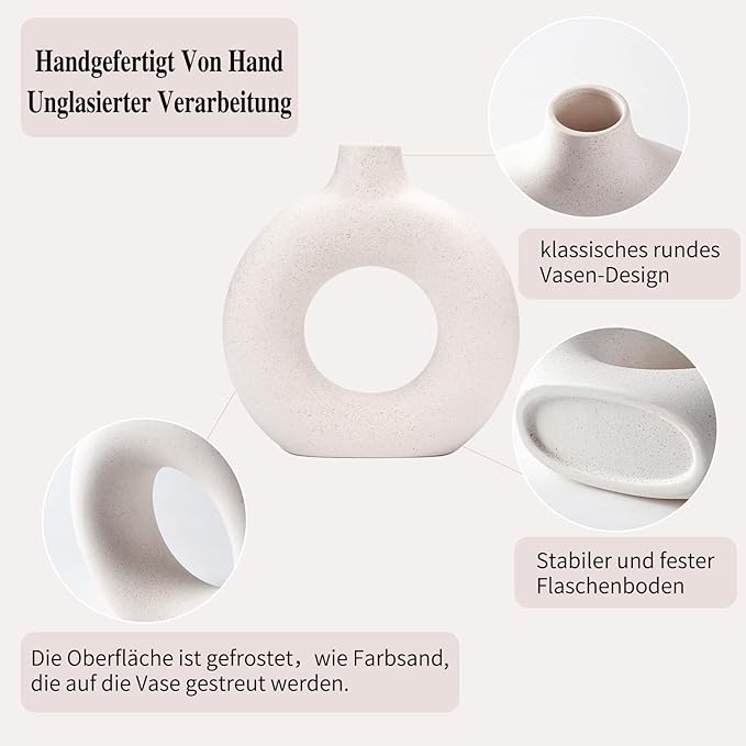 CEMABT White Donut Vase Hollow Ceramic Vase for Flowers Handmade Minimalist Boho ins Style Modern Home Decor for Wedding Dinner Table Party Living Room Office Bedroom(M) - Image 3