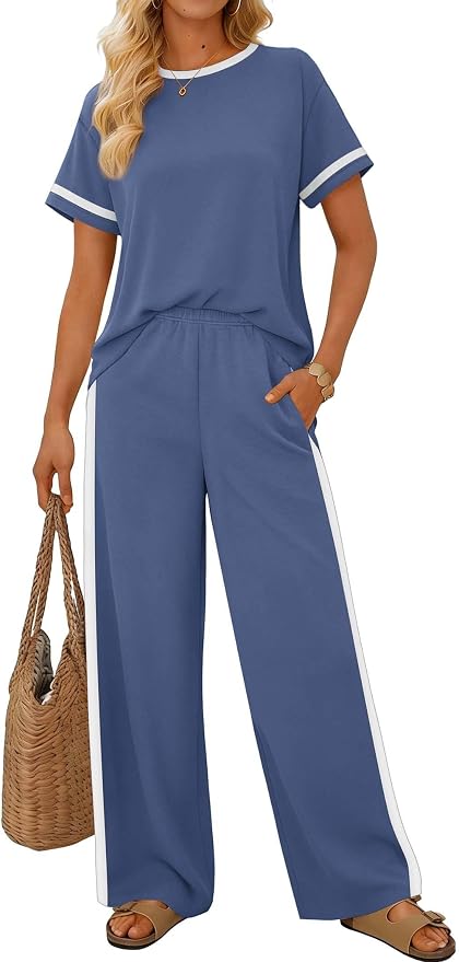 Sampeel 2 Piece Sets for Women Matching Sets Summer Outfits Resort Wear Short Sleeve Lounge Set Wide Leg Pants with Pockets - Image 2