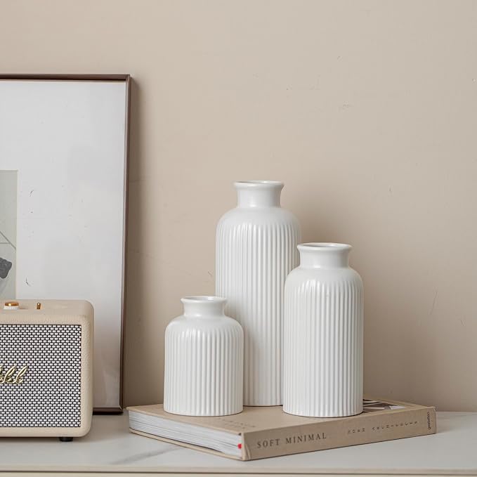 Large Modern Ceramic Vase Set, White Ribbed Matte Design, 10 Inch Tall, 4 Inch Width, 3-Piece Decorative Vases for Home, Living Room, Office (XL Matte Glaze White) - Image 6