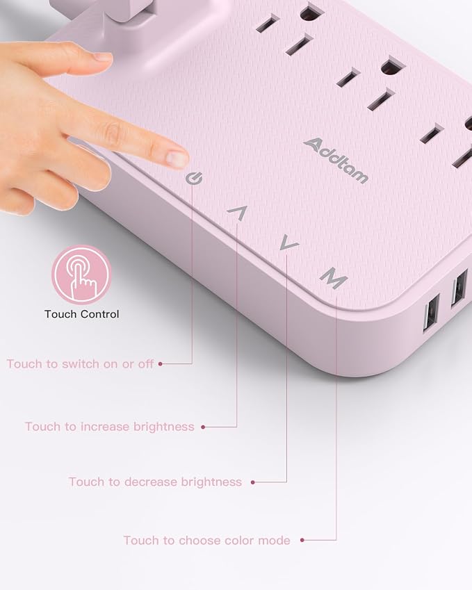 Addtam LED Desk Lamp, Power Strip with 3 Outlets 4 USB Charging Ports(2 USBC), 4 Modes 5 Level Brightness Touch Lamp, Small Desk Lamp for Home Office College Dorm Room Essentials, Pink - Image 7