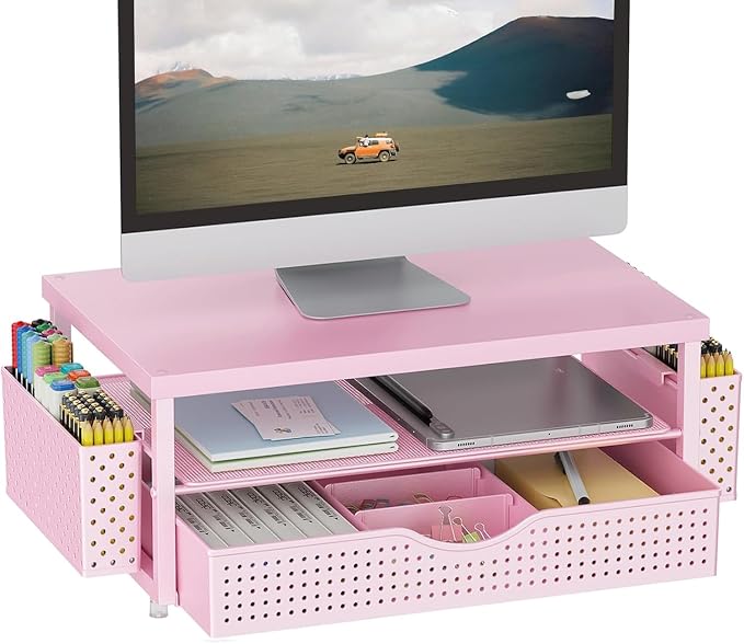 gianotter Desk Organizers and Accessories, Monitor Stand with Drawer and 2 Pen Holder, Desktop Organizer Suitable for Offices and Dormitories (Pink-Plain) by gianotter