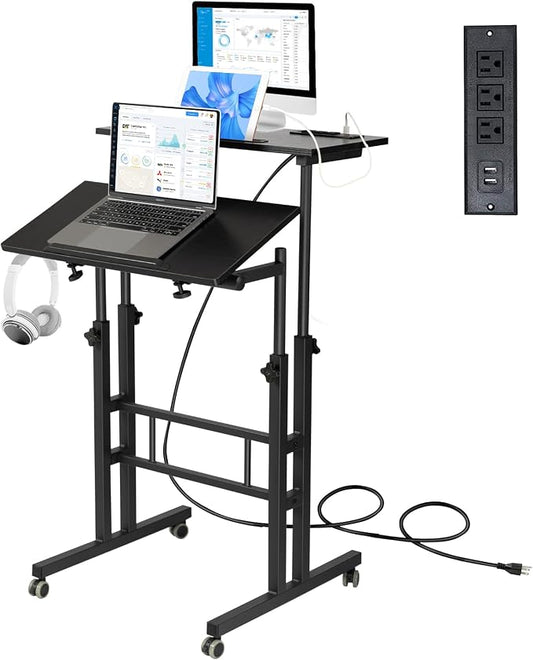 Hadulcet Mobile Standing Desk with Charging Station, Adjustable Standing Computer Desk, Standing Adjustable Laptop Cart with Wheels for Home Office Classroom Black by Hadulcet