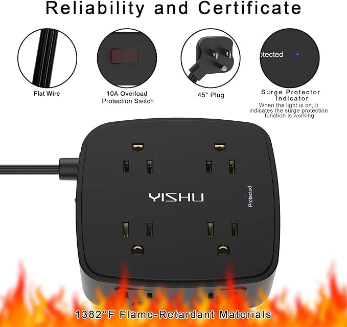 6 Ft Surge Protector Power Strip - YISHU 8 Widely Outlets with 4 USB Ports, 3 Side Outlet Extender with 6 Feet Flat Extension Cord, Ultra Flat Plug, Wall Mount, Desk USB Charging Station, ETL, Black - Image 6