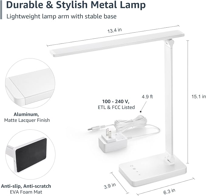 Lepro LED Desk Lamp with USB Charging Port for Dorm Room, 700LM 9.5W, White | Dimmable Table Lamp, 5 Colors 5 Brightness, Eye Caring Task Light for Home Office, Sewing, Crafting, Reading, Nail, Drafts - Image 6