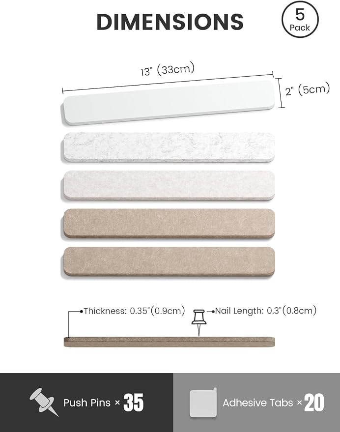Fluxynara 13" x 2" Felt Wall Panels, Stone Beige | 5-Pack Cork Board Alternative with 35 Push Pins, Adhesive Mounting for Bedroom Door or Home Office - Image 2