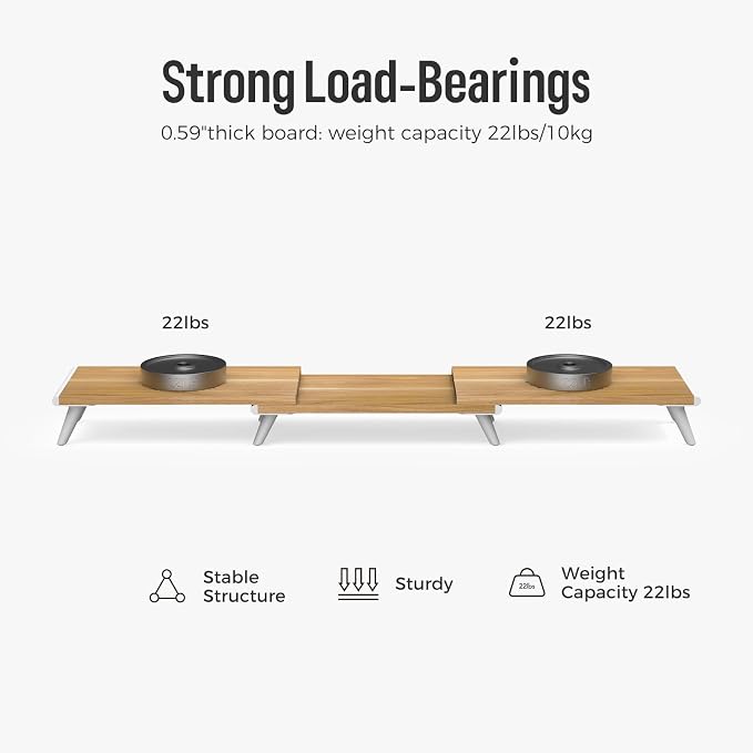 loukin Dual Monitor Stand Riser for Desk, 43.6"*8.2"*3.2" Large Computer Stand for 2 Monitors, Laptop, Printer, Length and Angle Adjustable Computer Shelf, Home Office,Max 43.6" Length Natural - Image 4