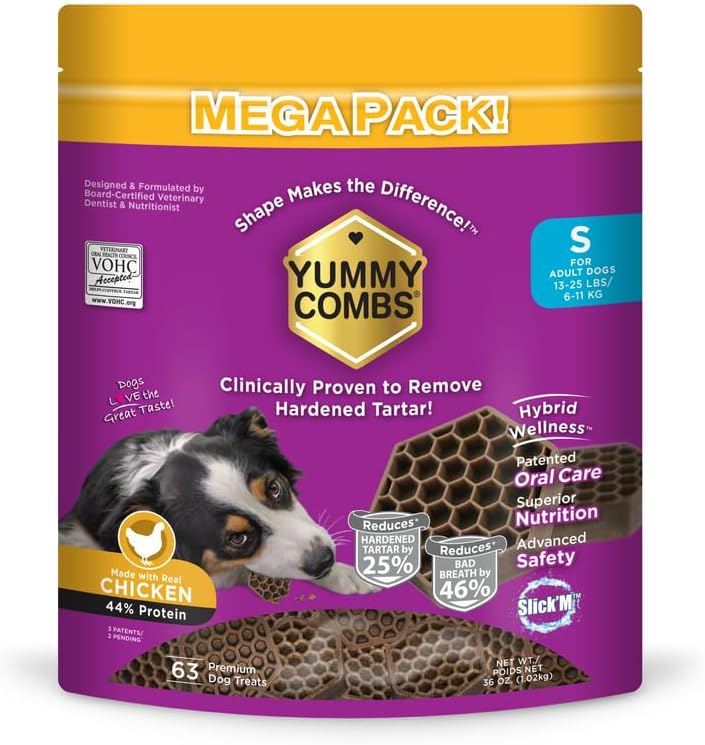 Yummy Combs Dog Dental Treats – Vet VOHC Approved – Delicious Chicken Protein – Removes Tartar with Cleaning Comb Shape – Dental Dog Treats for Small Dogs (36oz, 63 Count) by YummyCombsDogDentalTreats