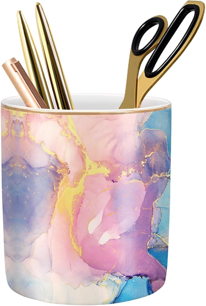 Cute Desk Pens Holder, Pencil Cup Holder for Desk, Ceramic Desktop Storage Pen Pencil Organizers Stationery Supplies for Office, Home, Gold Pattern by WAVEYU