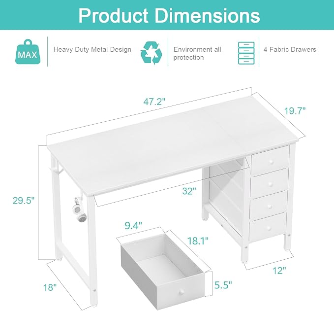 Lufeiya White Computer Desk with Drawers, 47 Inch Reversible Study Work Writing Desk for Home Office Bedroom, Simple Modern Cute PC Desks with Fabric Drawer, White - Image 3