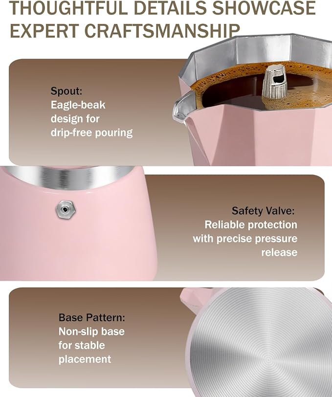 Coffee Maker Stovetop Espresso Maker 6 Cup Aluminum Moka Pot Percolator 10oz 300ml Easy Brewing for Electric Ceramic Stoves Home Camping Italian Cuban Café Classic Pink - Image 7