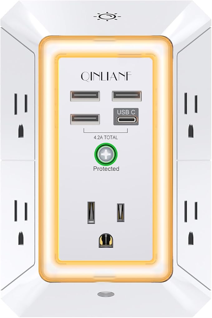 3-Sided Outlet Extender with Night Light - QINLIANF Multi Plug Outlet with 5 Outlets and 4 USB Ports(1 USB-C), USB Wall Charger for Home, Office, Travel, ETL Listed, White by QINLIANF
