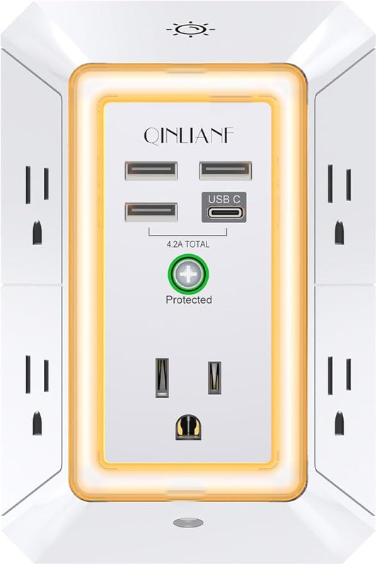 3-Sided Outlet Extender with Night Light - QINLIANF Multi Plug Outlet with 5 Outlets and 4 USB Ports(1 USB-C), USB Wall Charger for Home, Office, Travel, ETL Listed, White by QINLIANF