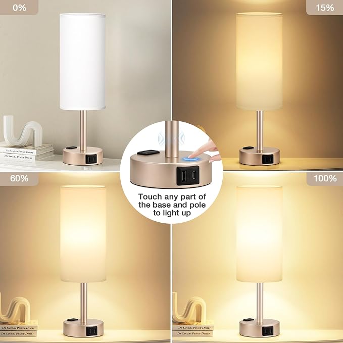 Antique White Bedside Table Lamp for Bedroom - 3 Way Dimmable Touch Lamp USB C Charging Ports and AC Outlet, Small Lamp Gold Base Round Flaxen Fabric Shade for Living Room, Desk, LED Bulb Included - Image 4