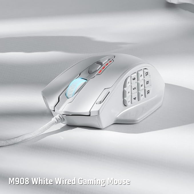 Redragon M908 Impact RGB LED MMO Gaming Mouse with 12 Side Buttons, Optical Wired Ergonomic Mouse with Max 12,400DPI, High Precision, 18 Programmable Macro Shortcuts, Comfort Grip, White | Stable Lag-Free Connection, Redefine Keybinding Macro, Vibing B... - Image 7