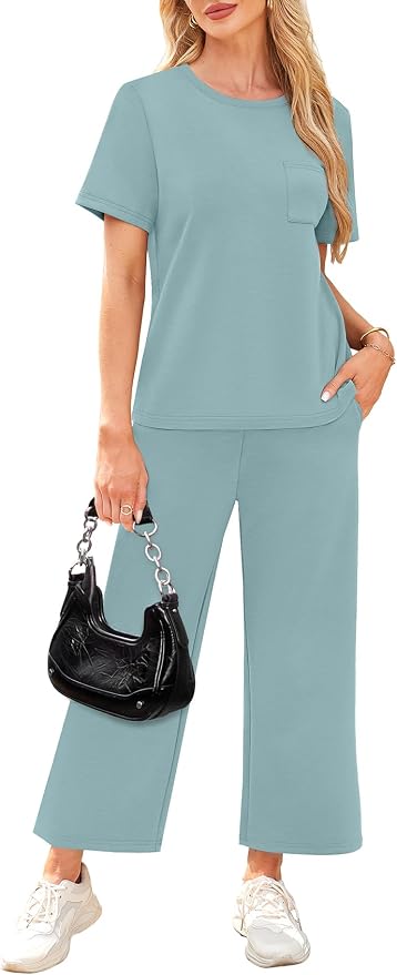 WIHOLL 2 Piece Sets for Women Casual Summer Travel Vacation Outfits Short Sleeve Wide Leg Crop Pants Lounge Sets - Image 4