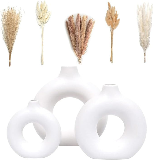 VELOVA Set of 3 White Ceramic Vase with 65 PCS Dried Pampas Grass Flowers Aesthetic Boho Modern Small Round Cute Vases for Decor Living Room Coffee Table Shelf Bedroom Office Desk Home Gifts Women Mom by VELOVA
