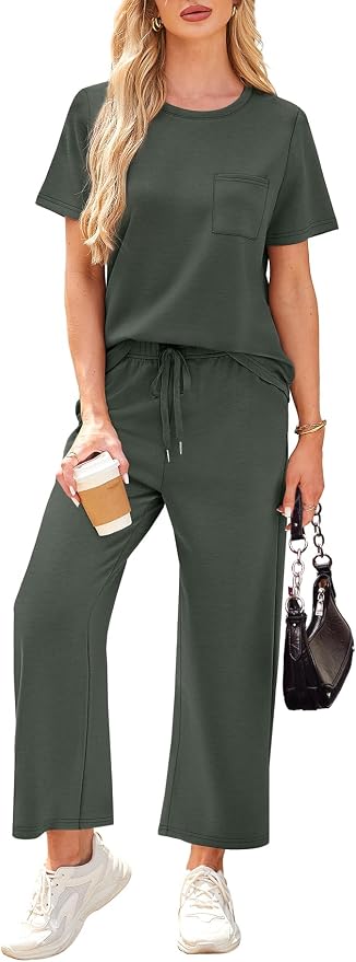 WIHOLL 2 Piece Sets for Women Casual Summer Travel Vacation Outfits Short Sleeve Wide Leg Crop Pants Lounge Sets - Image 3