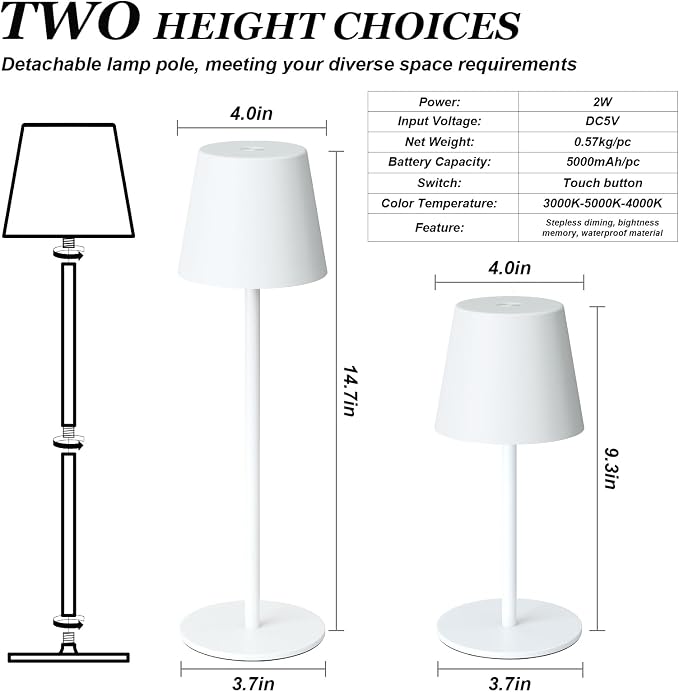 Kakanuo White Cordless Table Lamp Rechargeable - 2 Pack 5000mAH Battery Operated Lamp for Table, 3 Color Stepless Dimming Wireless Lamp for Kitchen Counter, Touch Control - Image 4