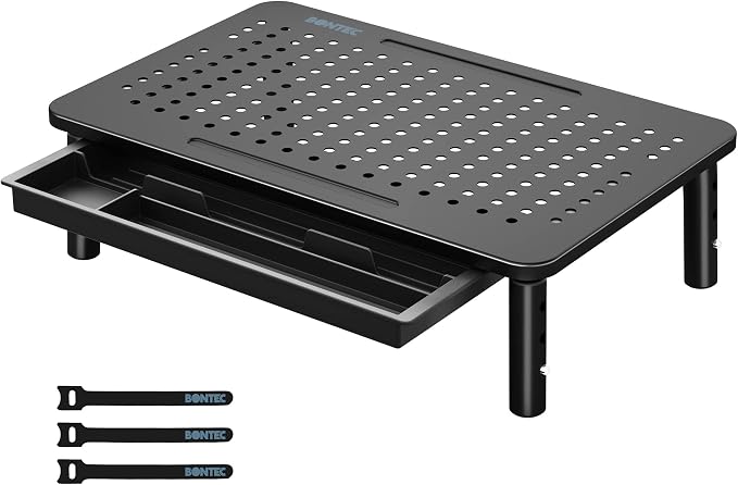 BONTEC 1 Pack Adjustable Monitor Stand Riser with Drawer, Supports 44lbs | Ergonomic Mesh Platform for Desk, Ventilated Laptop and PC Use with Cable Management for a Cooler, Organized Workspace by BONTEC