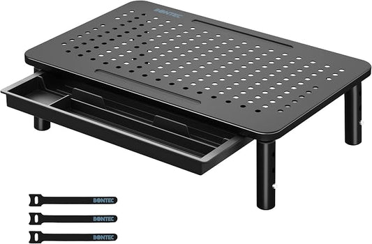 BONTEC 1 Pack Adjustable Monitor Stand Riser with Drawer, Supports 44lbs | Ergonomic Mesh Platform for Desk, Ventilated Laptop and PC Use with Cable Management for a Cooler, Organized Workspace by BONTEC