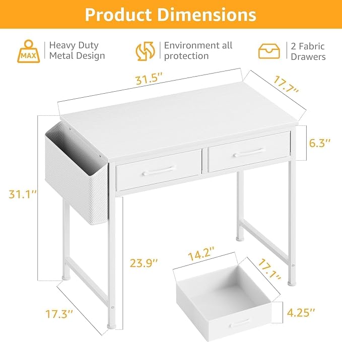 DLisiting White Desk with Storage Drawers - 39 Inch Small Computer Desk with Drawers for Bedroom Home Office, Study Writing Vanity Table Without Mirror for Girls Small Spaces - Image 3