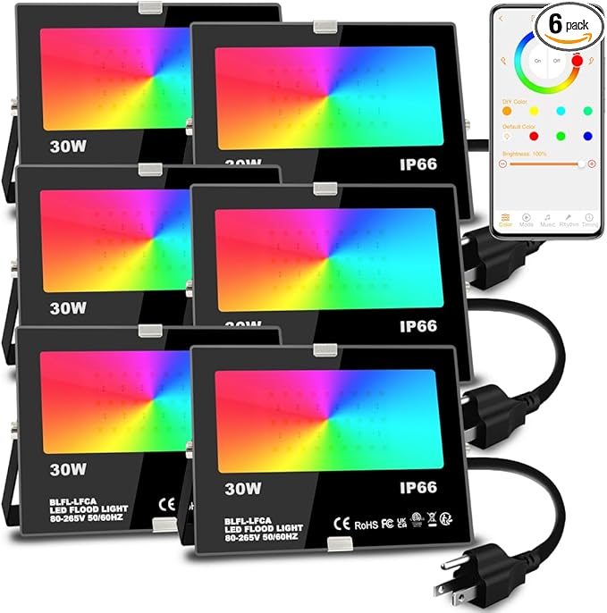 Led Flood Light 30W, 300W Equivalent 3000 LM Outdoor Color Changing Led Stage Landscape Lights, Bluetooth RGBW Smart Floodlights 2700K & 16 Million Colors&Timing& Music Sync, IP66，US 3-Plug (6 Pack) by MELPO