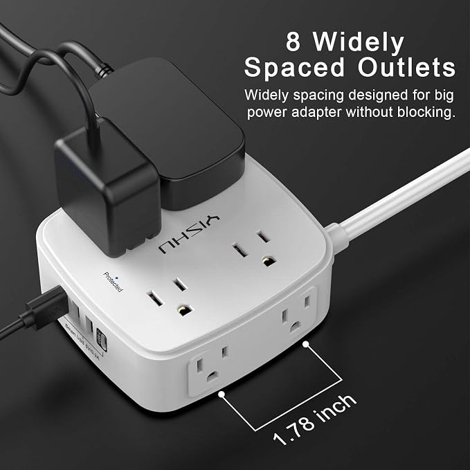 6 Ft Surge Protector Power Strip - YISHU 8 Widely Outlets with 4 USB Ports, 3 Side Outlet Extender with 6 Feet Flat Extension Cord, Ultra Flat Plug, Wall Mount, Desk USB Charging Station, ETL, White - Image 4