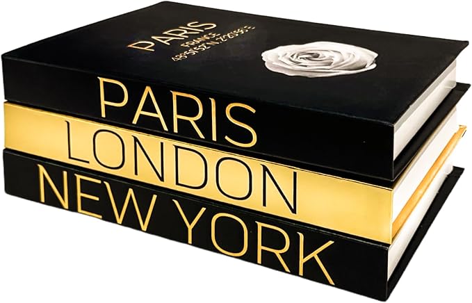 AZEZO Set of 3 Decorative Books for Home Decor – Decorative Hardcover Display Faux Books for Bookshelf and Coffee Table – Black and Gold Foiled – Paris London New York Themed by Unknown