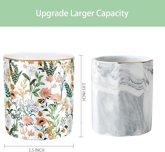 Large Capacity Colored Pen Holder for Desk, Ceramic Pencil Holder Pen Cup Marker Holder Makeup Brush Holders, Desk Accessories & Workspace Organizers for Home, Office, White Flower - Image 2