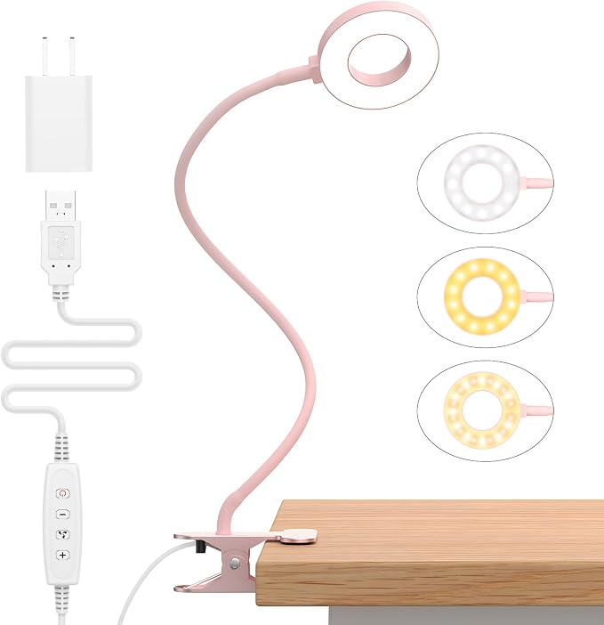 iZELL LED Desk Lamp with Clamp, Reading Light with 3 Color Modes & 10 Brightness Levels, Flexible Arm Book Light for Kids Reading in Bed at Night, Clip on Table, Computer, Zoom Meetings - 27.6'' Pink by iZell