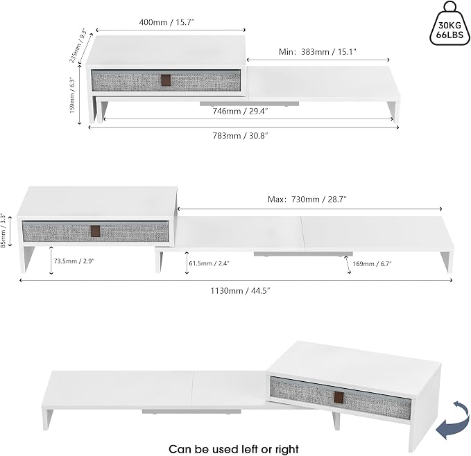 Fenge Computer Monitor Riser Stand with Drawer for 2 or 3 Monitors ,Adjustable Length and Angle Desktop Laptop Stand,Office Organizer,Printer,White - Image 5