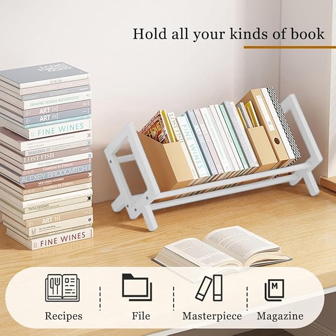 Wood Tilting Bookcase in Living Room/Home/Office, Desktop Book Shelf Organizer Bookshelves Storage Rack for CDs/Magazine/Books Display (White, 19.68"-L) - Image 7