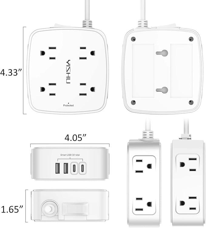5Ft Surge Protector Power Strip - 8 Widely Outlets with 4 USB Ports, 3 Side Outlet Extender with 5 Feet Extension Cord, Flat Plug, Wall Mount, Desk USB Charging Station, ETL,White - Image 7