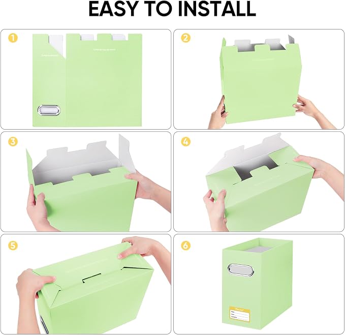 BALEINE File Organizer Box, Cardboard File Folder Organizer with Handle for Letter Size, Portable Collapsible Hanging Filing Box for Home Office Document Storage (4 Pack, Green) - Image 6