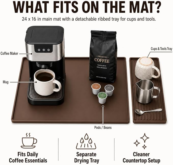 Silicone Coffee Mat 24 x 16 in with Tray, Classic Coffee Brown | Coffee bar mat for countertop use, coffee station mat or coffee machine mat with removable tray and 0.47 in raised rim. - Image 4