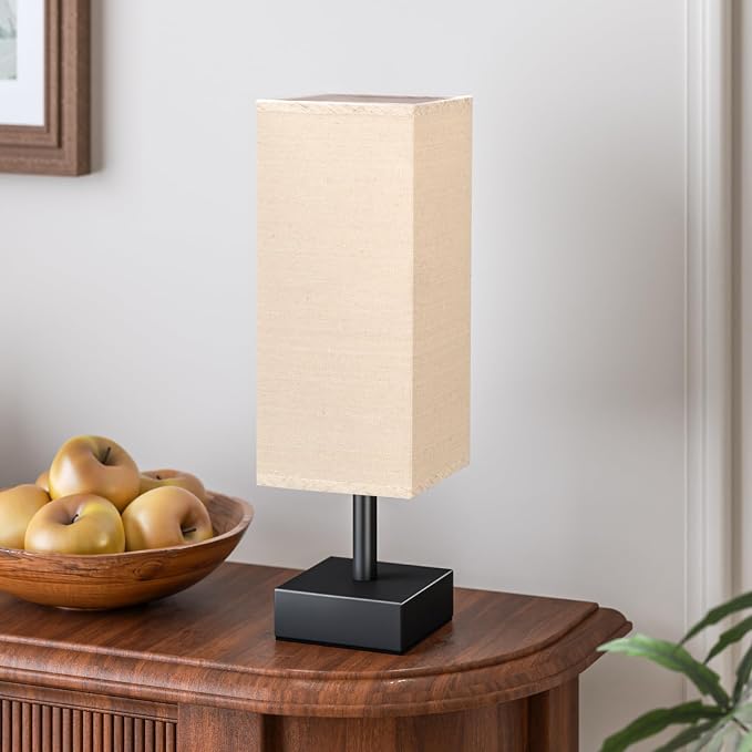 aooshine Small Bedside Table Lamp for Bedroom - Square Beige Fabric Shade | Inline Rocker Switch, Corded Electric, Bulb Not Included, 12.8" Mini Table Lamp for Nightstand, Desk, Dorm, Office by Aooshine