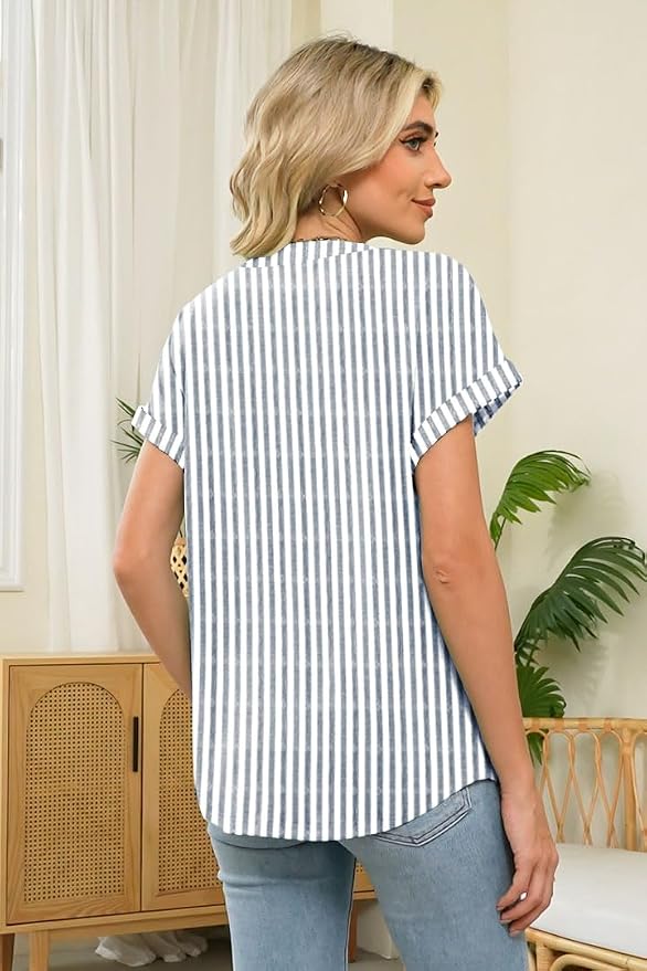 Womens Henley Summer Tops V Neck Button Dressy Casual T Shirts Blouses | Breathable, V-Neck Button, Striped, Loose Fit, Business Casual, Office, Vacation, Spring Summer Tops, Basic Shirts - Image 3