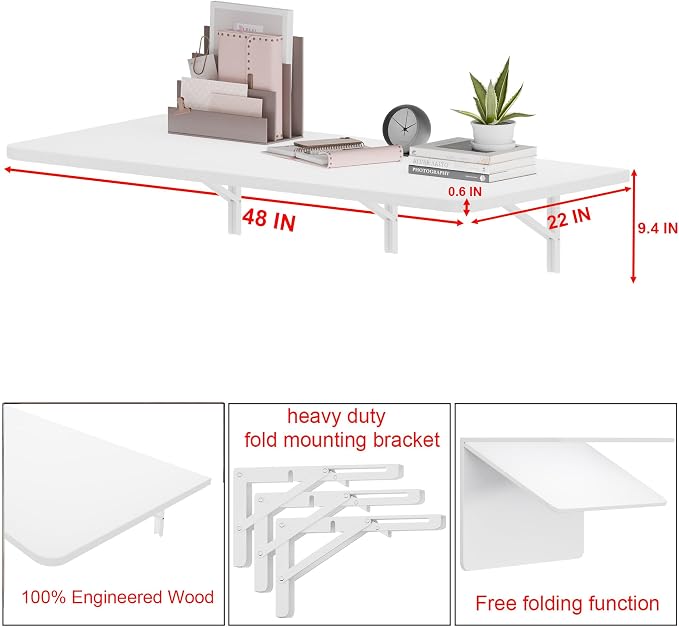 IAE 48x22in Floating Fold Desk,Wall-Mounted Folding Computer Table,White | Study Table with Shelf Brackets,Foldable Down Shelf with Engineered Wood,Fold Computer Desk for Small Apartment,Holds 509 lb - Image 2