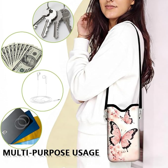 Pink Phone Sleeve with Adjustable Strap Neck Lanyard Fits Most Smartphones, Waterproof Phone Pouch Butterflies Flower Pattern Neoprene Nylon Phone Bag Carrying Case for Women 7.1 x 3.9 Inch - Image 7