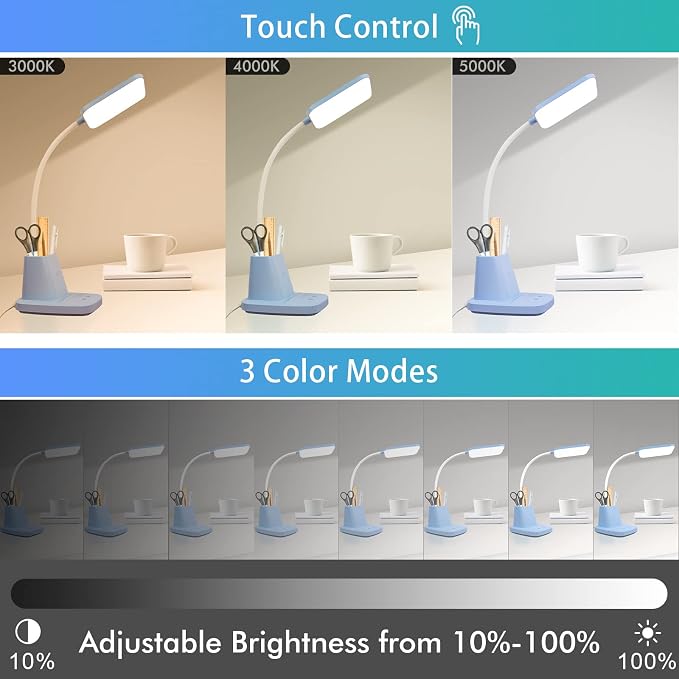 LED Desk Lamp with 10W Wireless Charging & Pen Holder, Blue | CRI 95, 800LM, Stepless Dimming, 3 Modes, 360°Flexible Arm, Touch, Study Table Lamp for Home Office, Dorm Room, with Adapter - Image 4