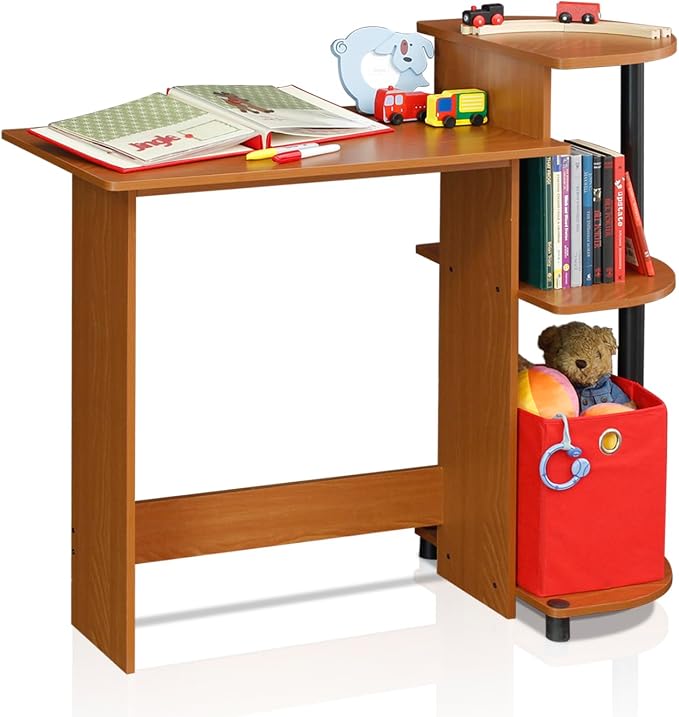 Furinno Compact Computer Desk with Shelves, Round Side, Light Cherry/Black by Furinno-FitsYourSpaceFitsYourBudget