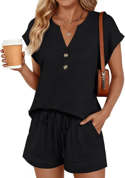 LILLUSORY 2 Piece Summer Set 2026 Henley Top & Drawstring Shorts with Pockets by Lillusory