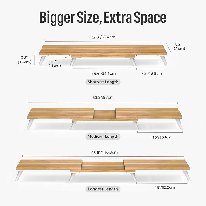loukin Dual Monitor Stand Riser for Desk, 43.6"*8.2"*3.2" Large Computer Stand for 2 Monitors, Laptop, Printer, Length and Angle Adjustable Computer Shelf, Home Office,Max 43.6" Length Natural - Image 2