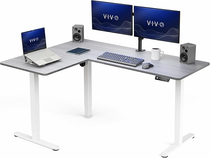 VIVO Dark Gray 63 x 47 in Corner Standing Desk, DESK-E3CTWG-47 | Electric, Reversible L-Shaped Table, Sit Stand, Height Adjustable, Memory Controller, Office Furniture Sets, White Frame by Unknown